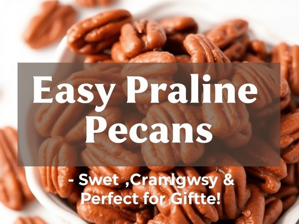 “Pinterest image for praline pecans recipe with sweet and crunchy text overlay”