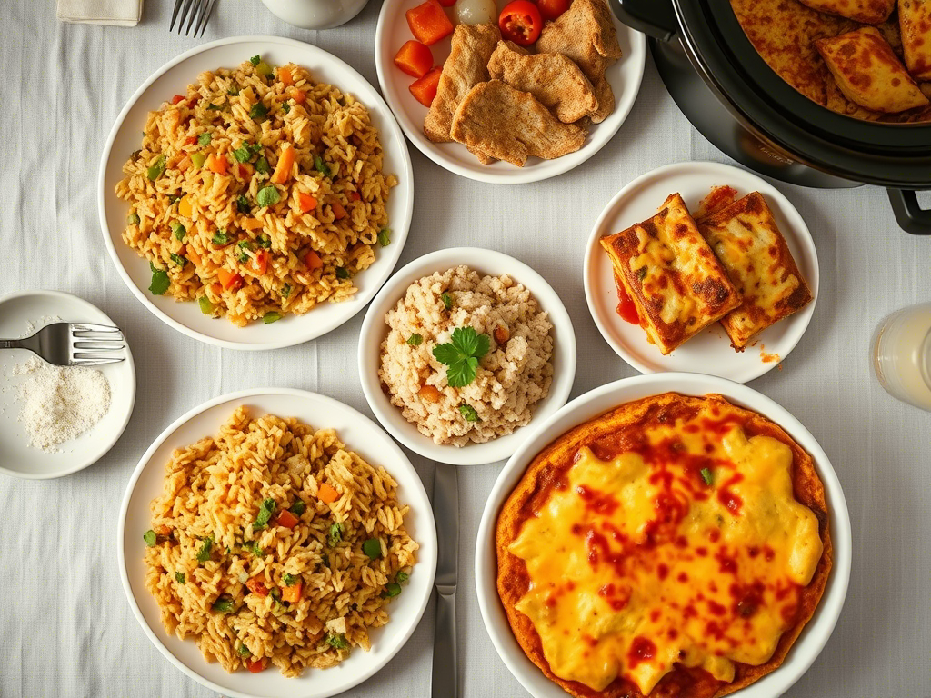 house special fried rice served with crockpot chicken enchilada and slow cooker enchilada casserole.