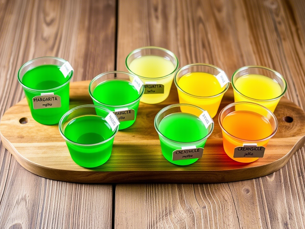 “7 flavored jello shots lined up with labels on wooden party board”