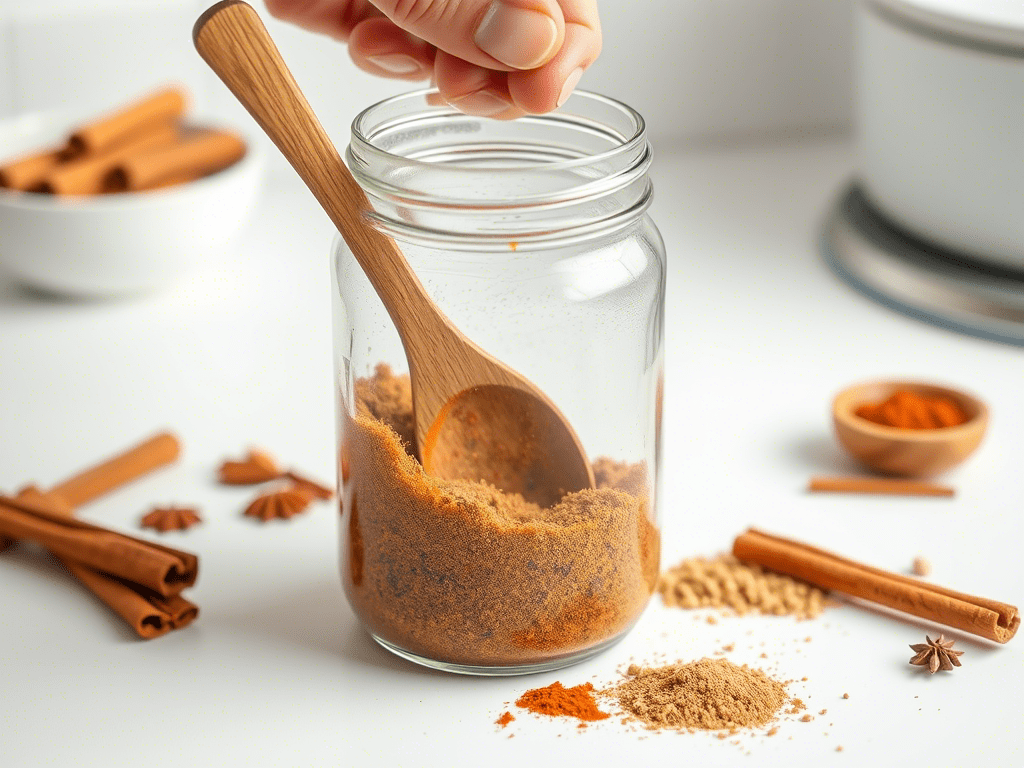 Homemade 7 spice being mixed in a jar with wooden spoon
