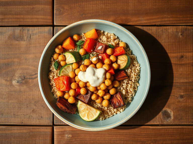 farro recipes grain bowl with roasted vegetables and tahini