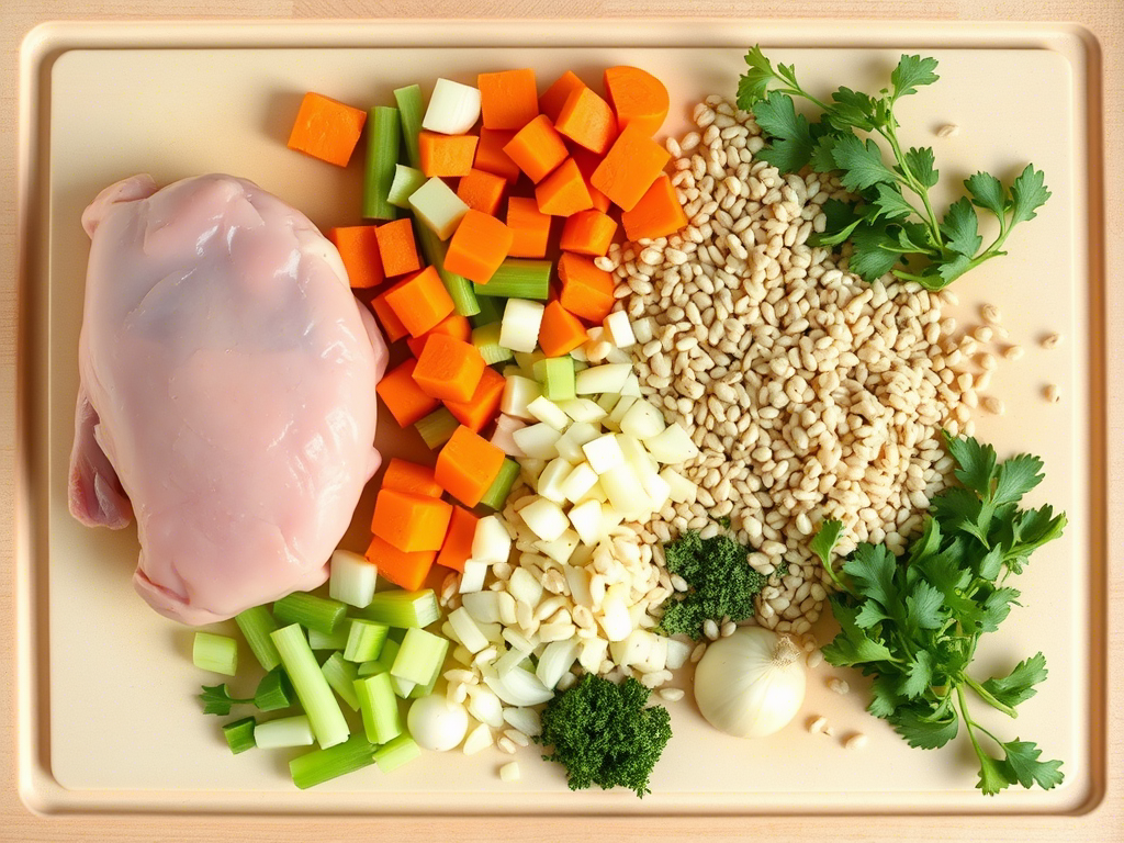 chicken barley soup ingredients on a cutting board with fresh veggies and herbs