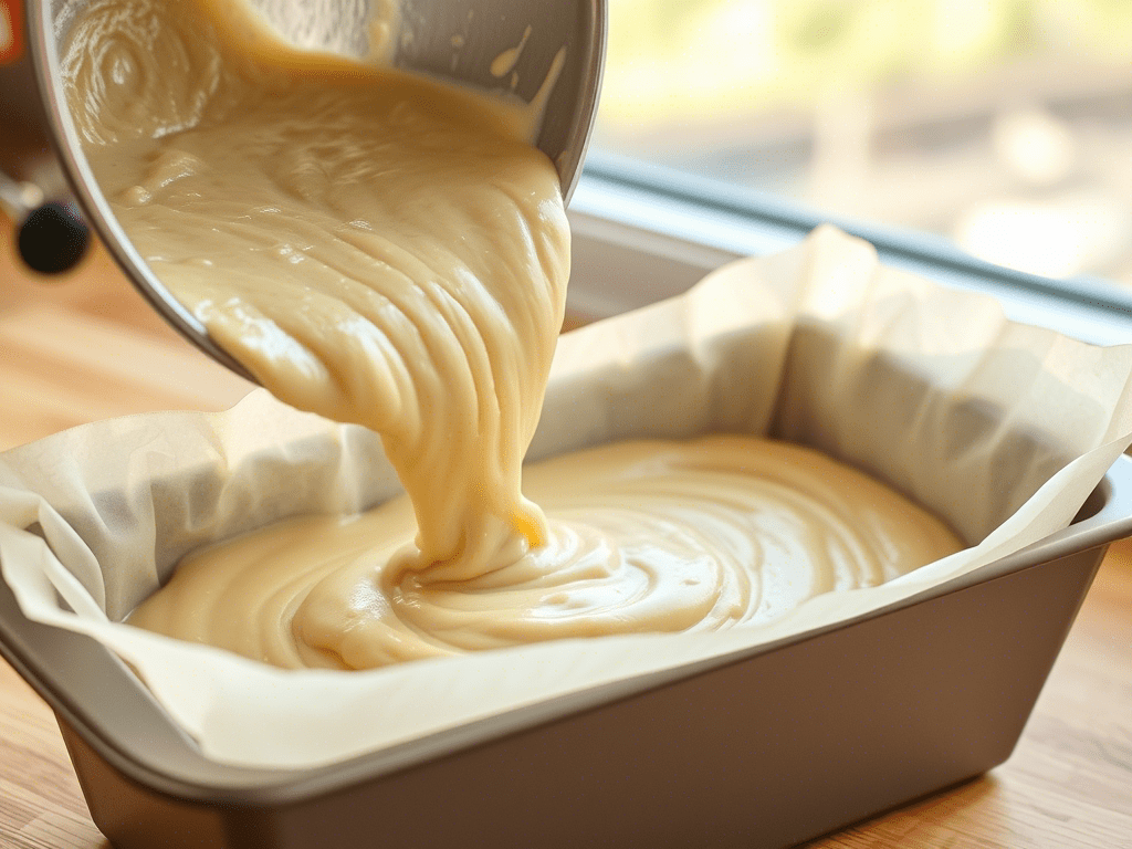 “bisquick banana bread batter poured into loaf pan for baking”