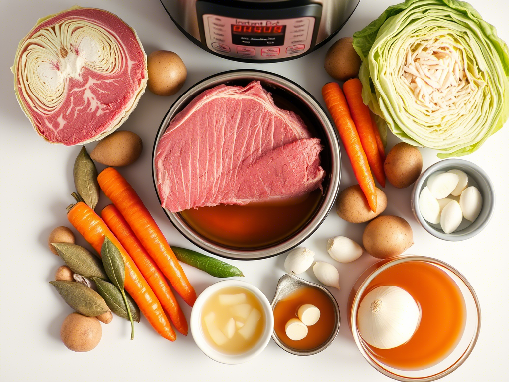 Ingredients for instant pot corned beef and cabbage recipe laid out around pressure cooker