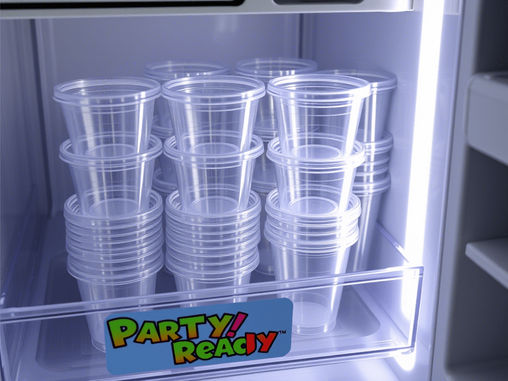 “jello shots stored in plastic cups with lids inside fridge drawer”