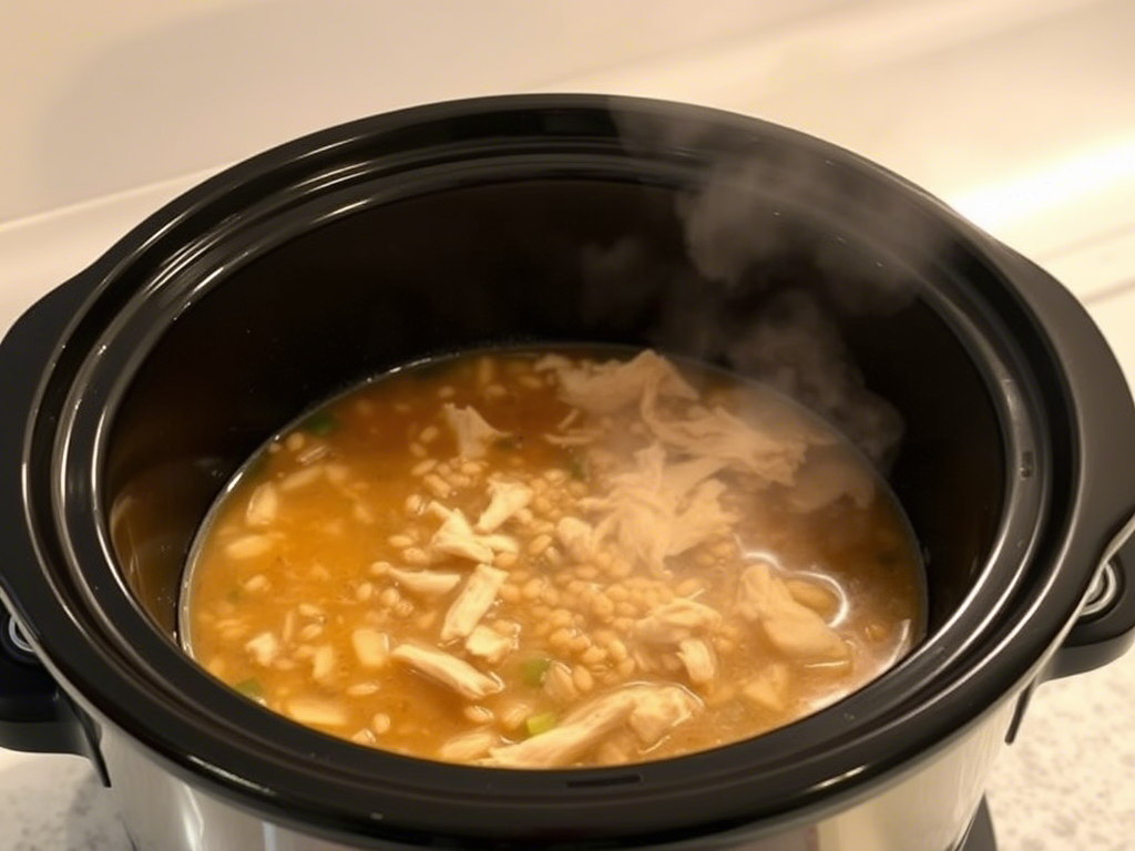 chicken barley soup crock pot version with simmering broth and visible barley