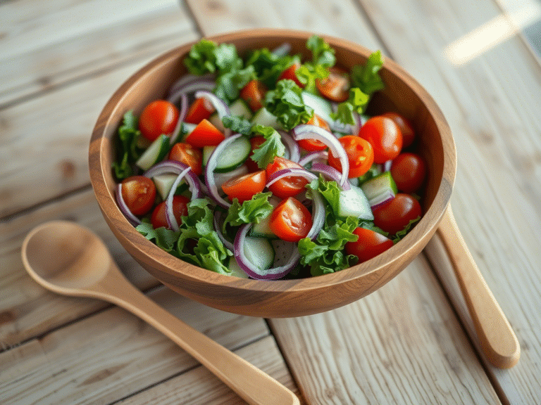 A large salad bowl set featuring a big wooden bowl and a swell salad bowl, beautifully arranged with fresh summer salads, vibrant greens, and colorful toppings, styled on a rustic wooden table ready for serving.