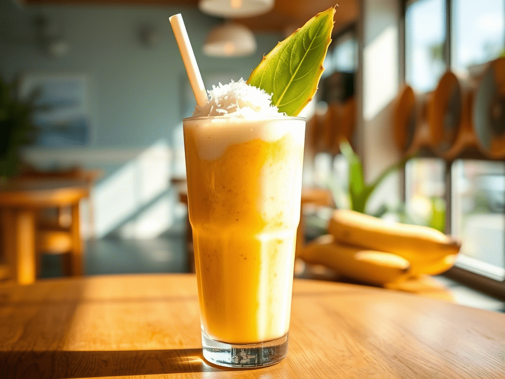 “Tropical smoothie made with mango, coconut, and banana served in a glass with coconut flakes on top and pineapple leaf garnish, on a sunny wooden table”