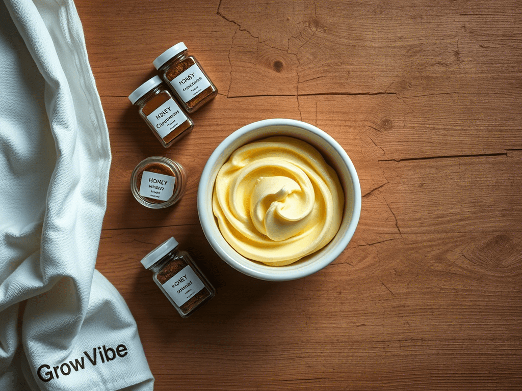 Texas Roadhouse butter in a swirled ramekin on a wooden board, surrounded by honey, cinnamon, and sugar with a warm rustic kitchen vibe