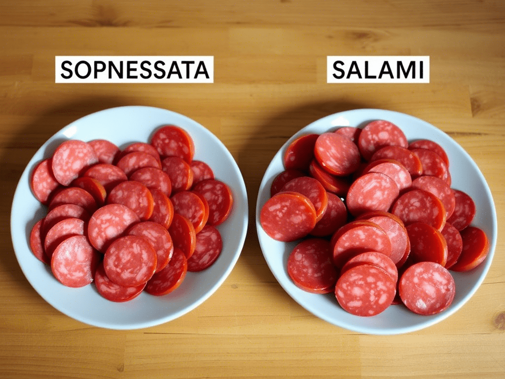 Soppressata vs salami comparison showing texture and color differences