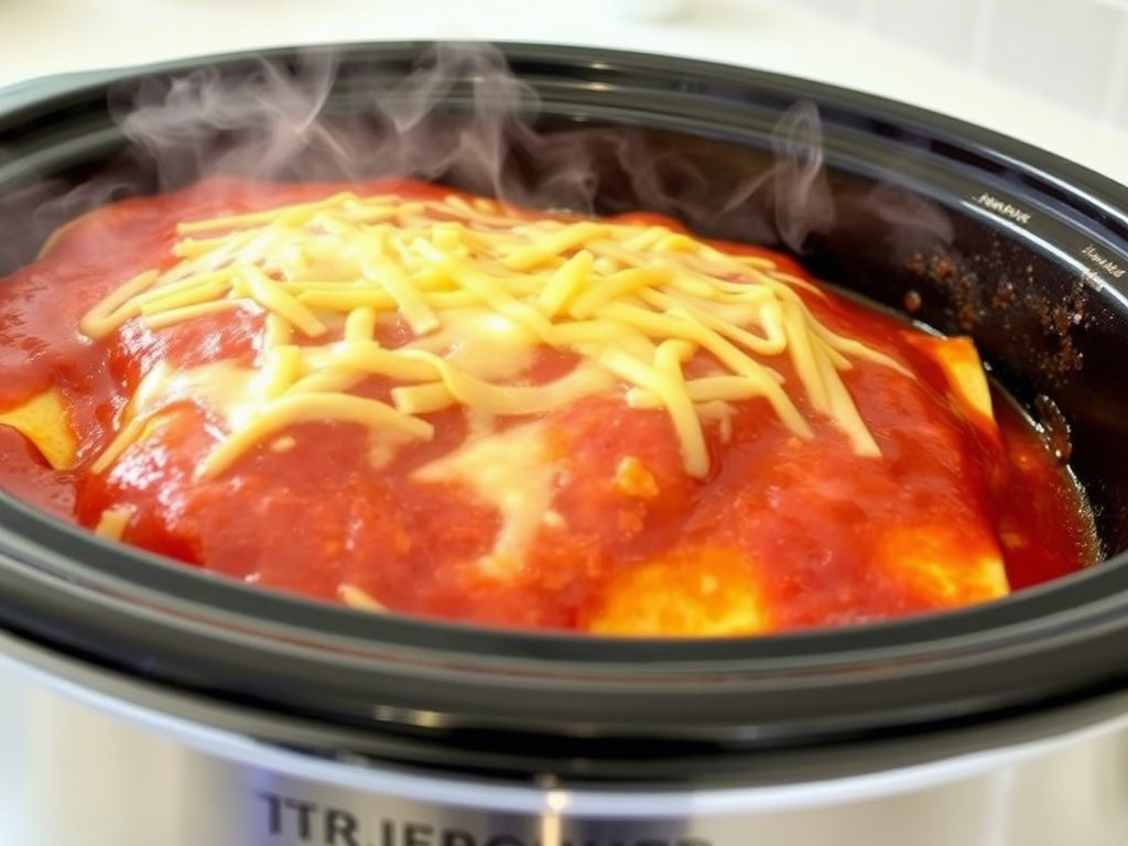 Crock pot chicken enchiladas simmering in a slow cooker with melted cheese and rich enchilada sauce.