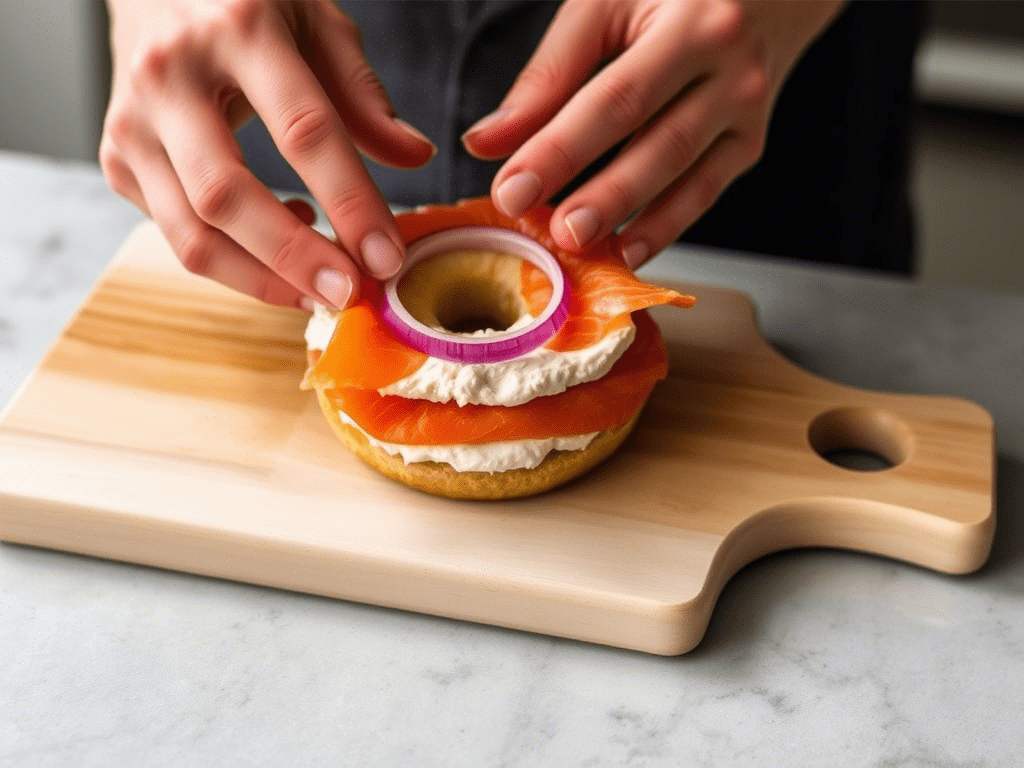 Building a smoked salmon bagel with cream cheese and red onion