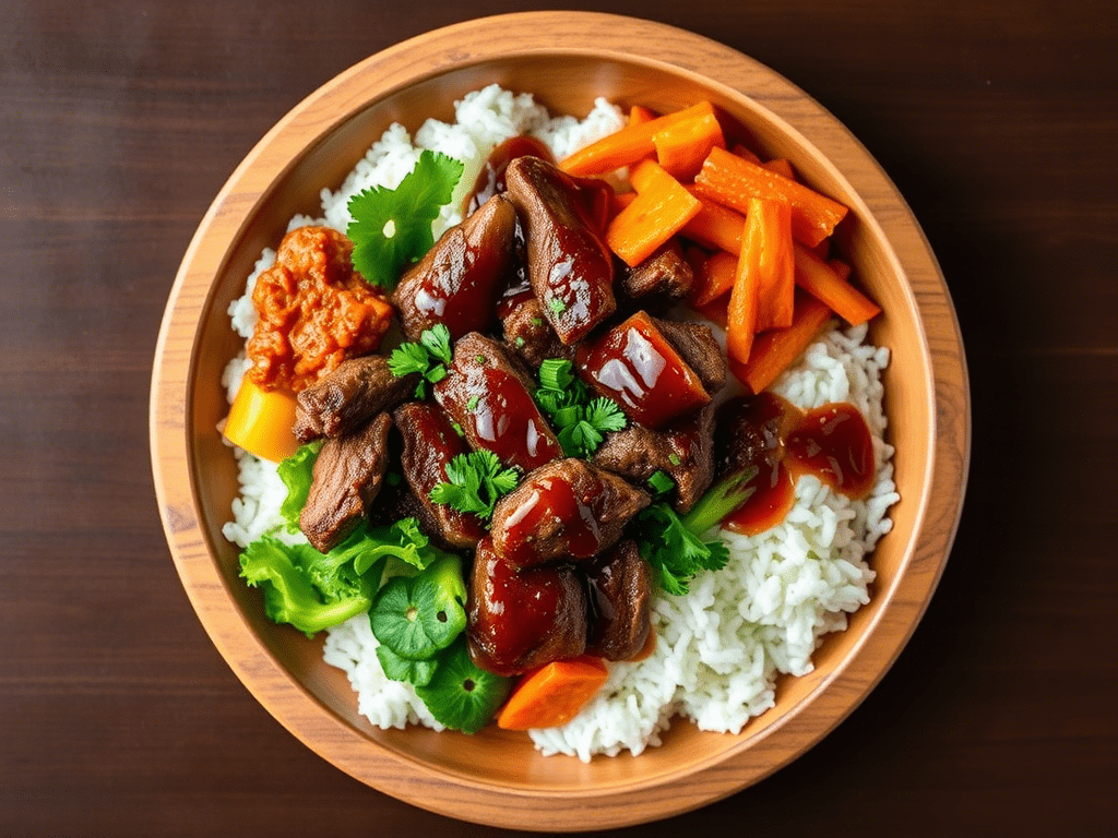 Korean BBQ beef bowl with rice, kimchi, and vegetables, drizzled with sauce. Top-down angle.