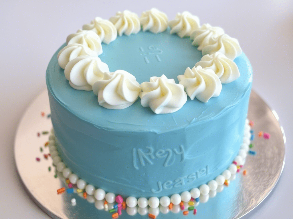 “cake with blue frosting decorated with pearls and piping”