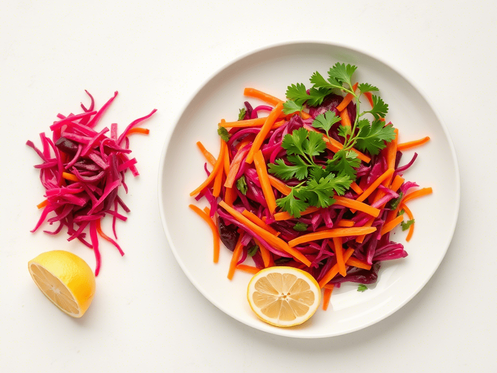 “raw grated beet salad with herbs and lemon on white plate”