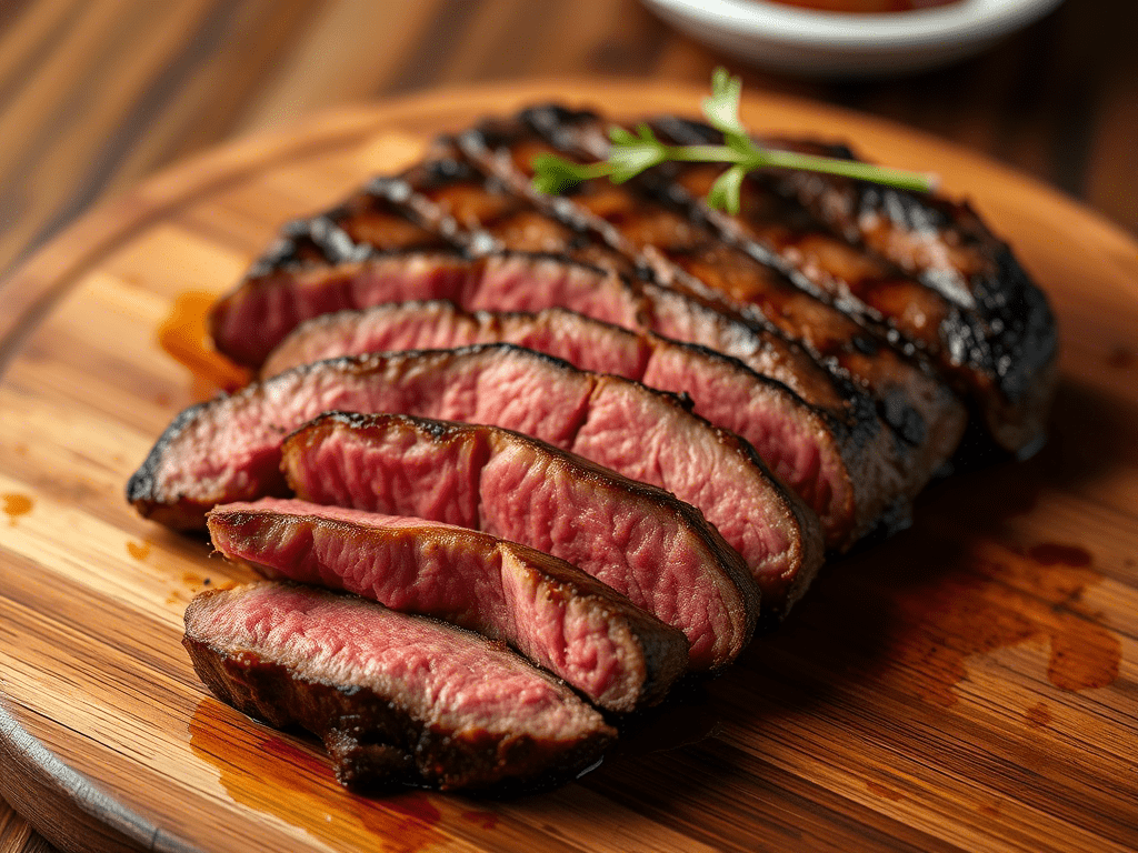 “grilled london broil steak sliced thinly with grill marks and medium-rare center”