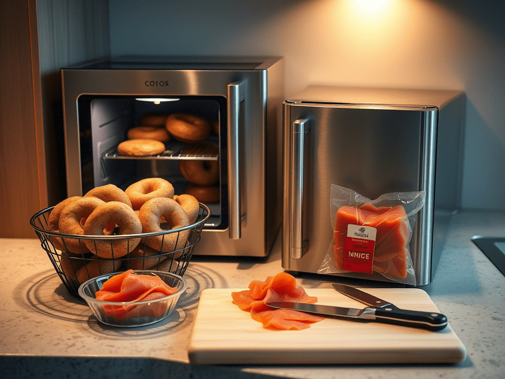 Mini fridge and tools for preparing and storing salmon bagel ingredients