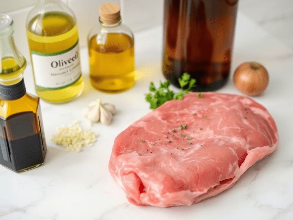 “garlic herb marinade ingredients next to london broil steak on a counter”