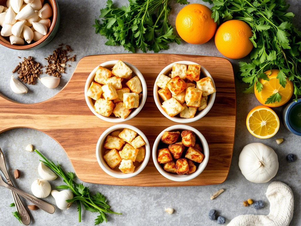 “gluten free crouton flavor variations displayed in bowls with seasoning”
