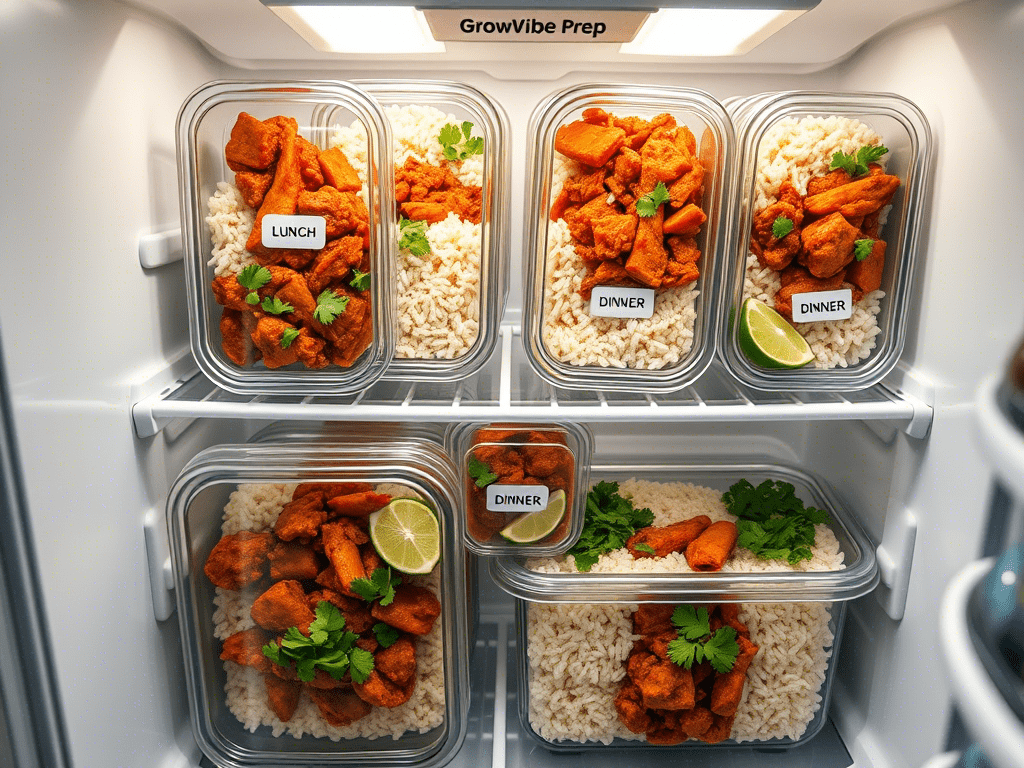Meal prep containers with carne en su jugo and rice ready for the week.