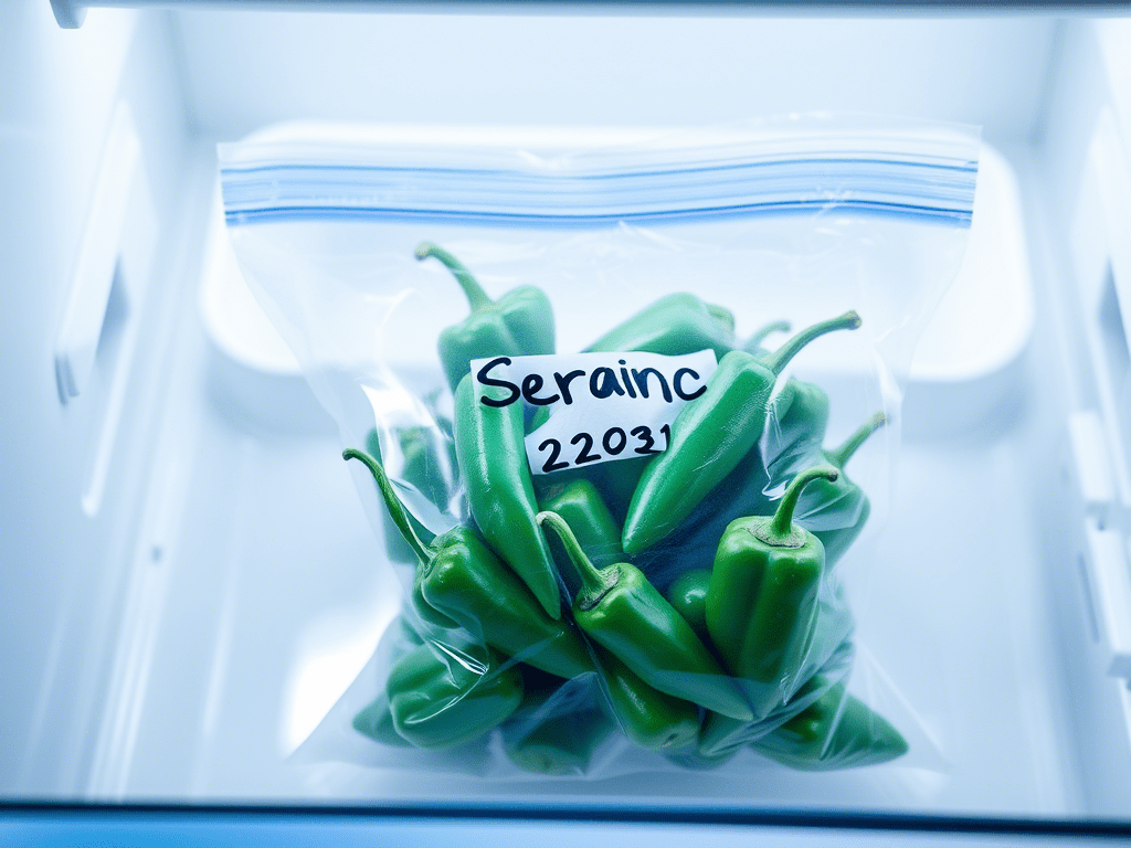Frozen serrano peppers stored in labeled bags