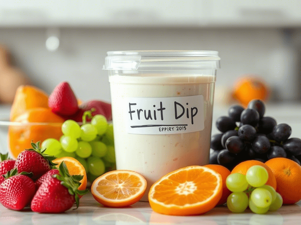 Stored fruit dip container labeled with date, alongside fresh fruits.