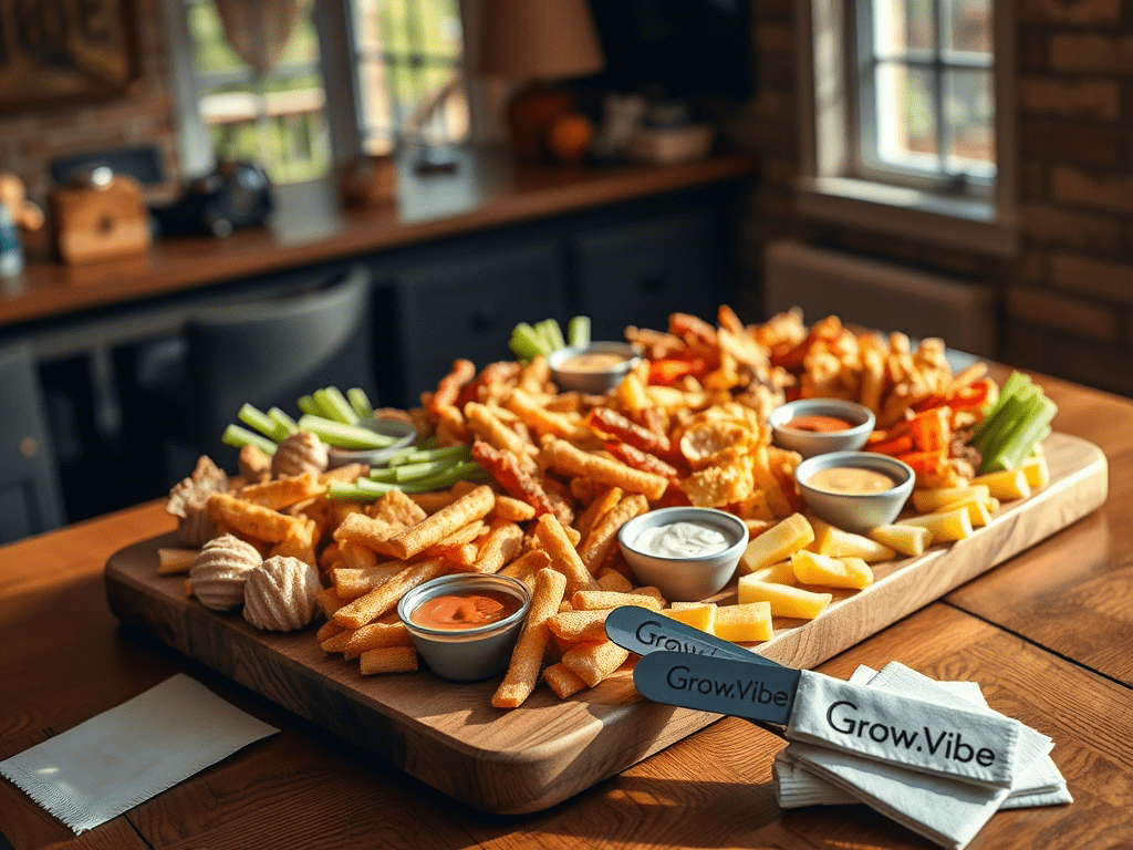 Party platter with crispy appetizers, dipping sauces, and colorful side snacks arranged for sharing
