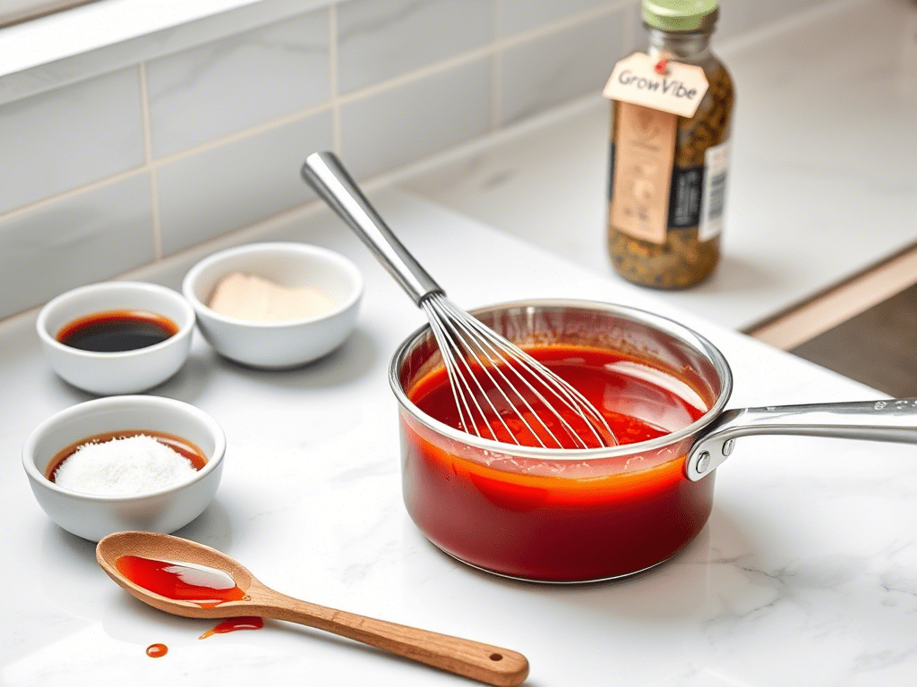 Homemade sweet and sour sauce in saucepan with ingredients on kitchen counter – sweet and sour sauce recipe.