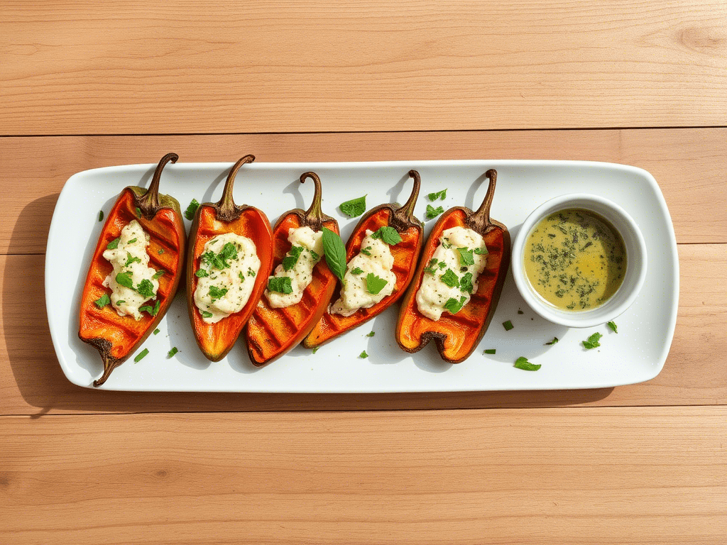 Roasted serrano pepper recipe served on a plate
