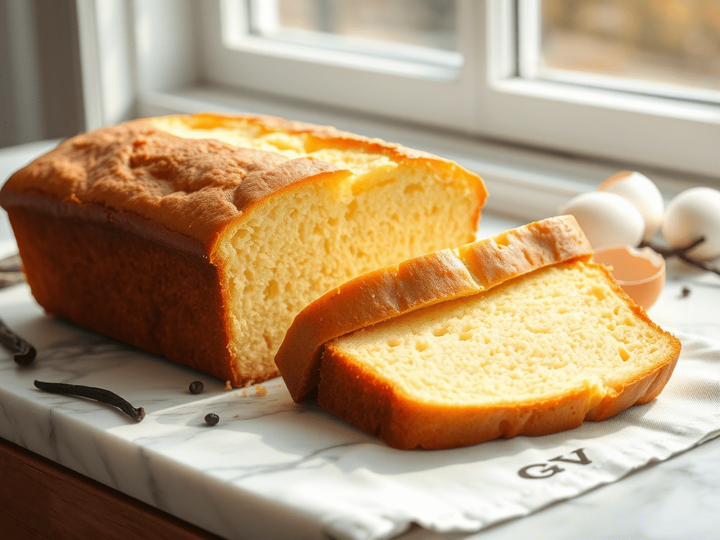 Cream cheese pound cake sliced on marble surface with golden crust and soft crumb