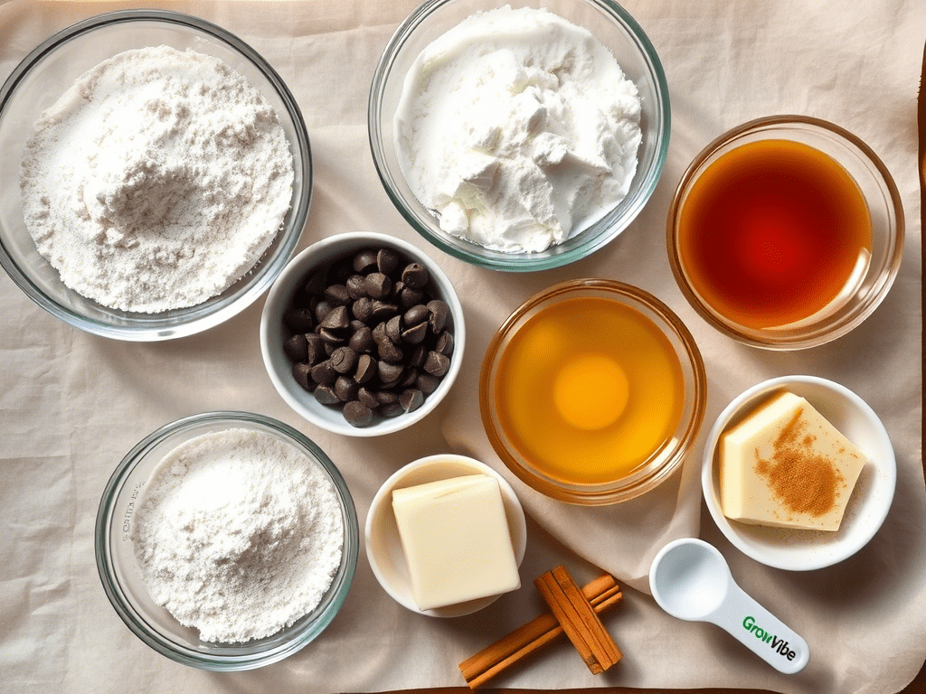 Flat lay of mini muffin ingredients including flour, eggs, and chocolate chips with branded GrowVibe spoon.