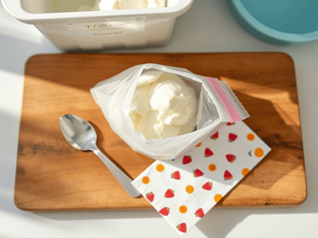 Step-by-step process of placing the ice cream bag into a larger rock salt and ice bag