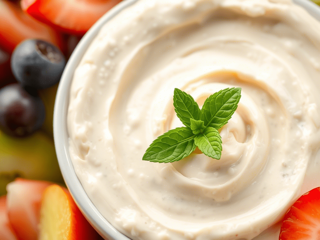 Cream cheese fruit dip garnished with mint, served with fresh fruit slices.