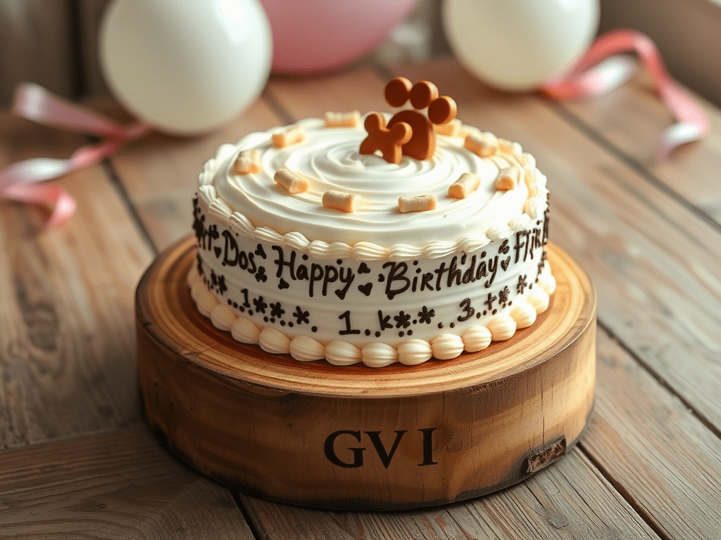 Decorated dog birthday cake with yogurt frosting and biscuit toppers on wooden table