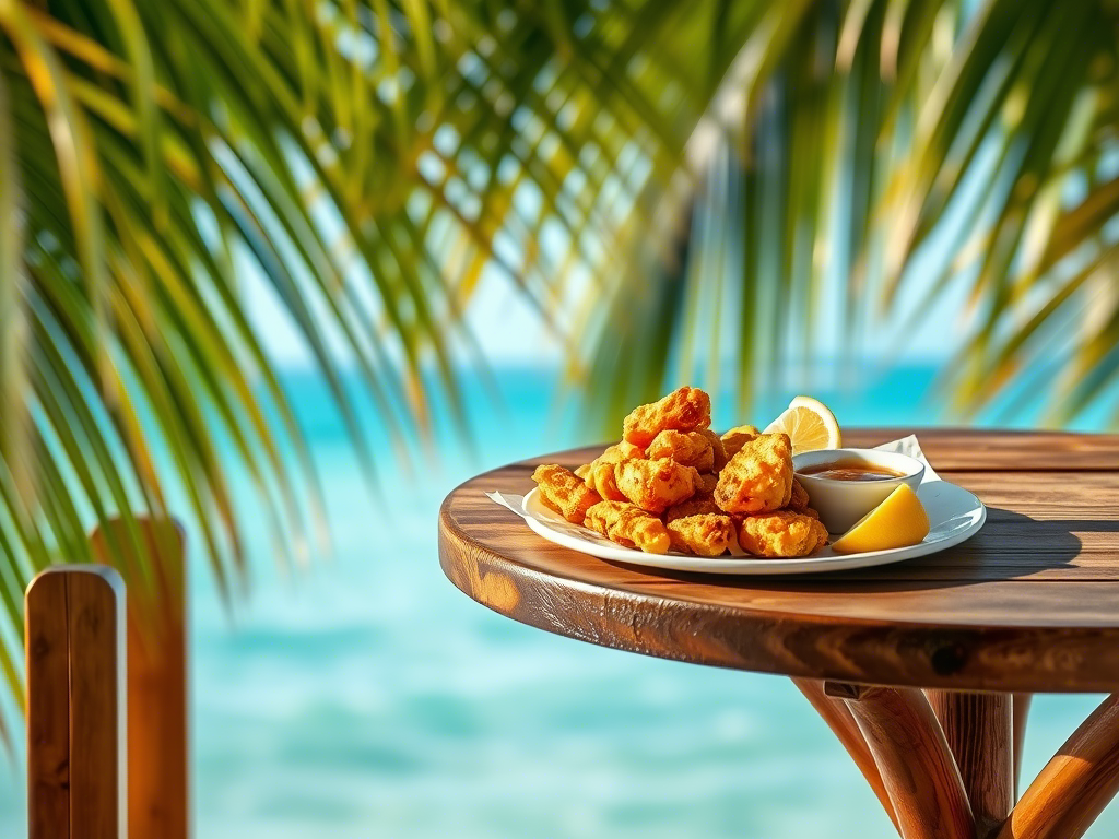 Crispy conch fritters served with dipping sauce and lemon on a tropical beach table