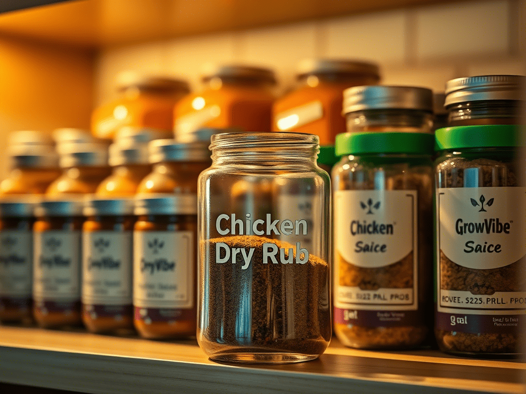 Labeled glass jars storing homemade chicken dry rub on a kitchen shelf