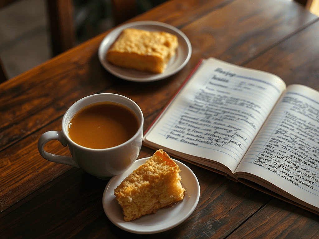 Cassava cake beside salabat tea and a handwritten recipe – Filipino desserts with tradition and love.