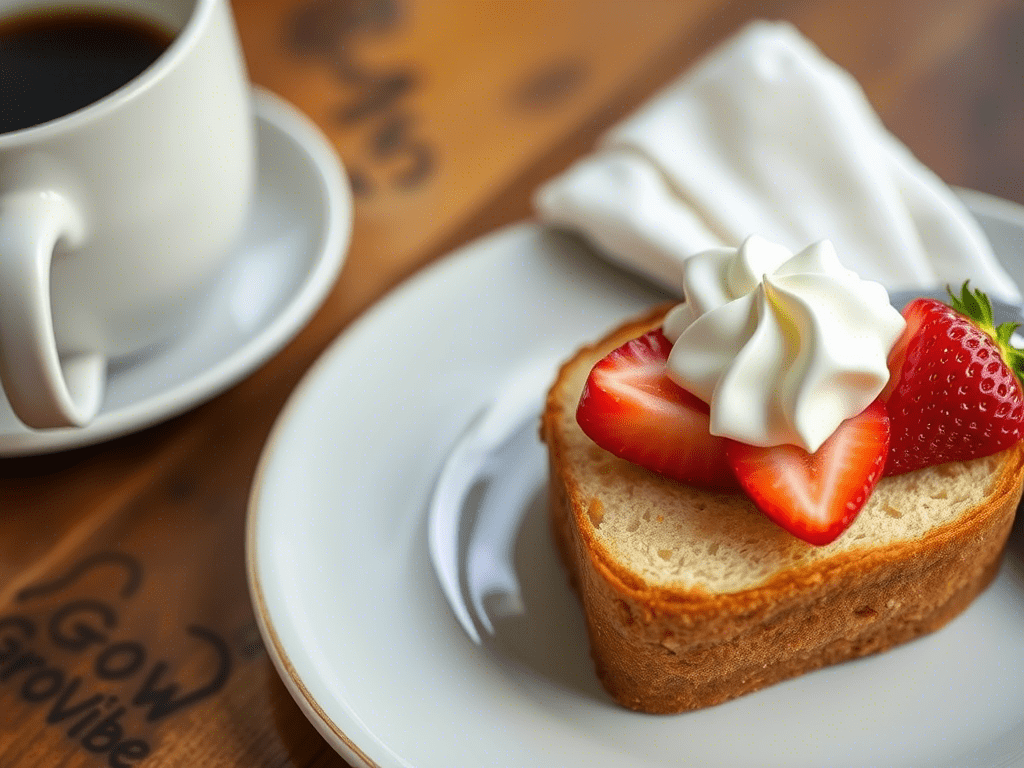 Toasted slice of cream cheese pound cake with berries and whipped cream