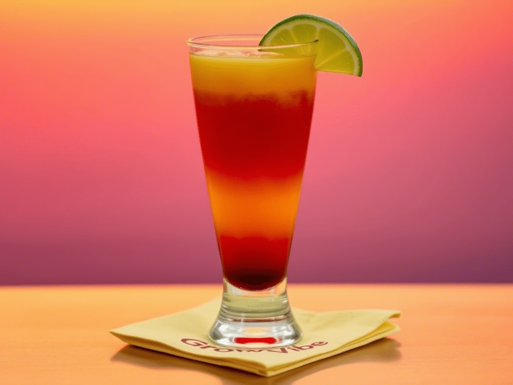 Tequila sunset cocktail with layered colors in a tall glass, garnished with lime on a warm-toned surface.