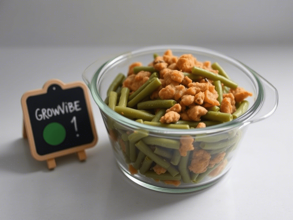 “Leftover mannacote green bean casserole stored in glass container on counter with subtle GrowVibe magnet nearby.”