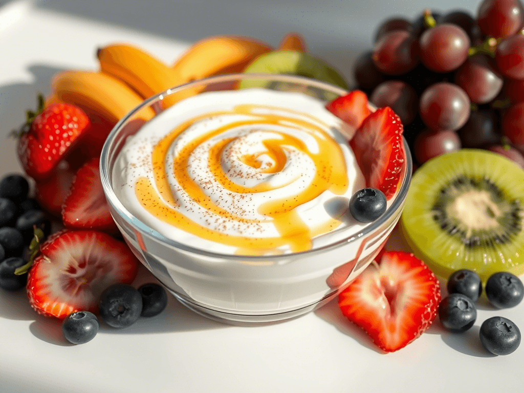 Yogurt fruit dip topped with honey and cinnamon, served with assorted fruits.
