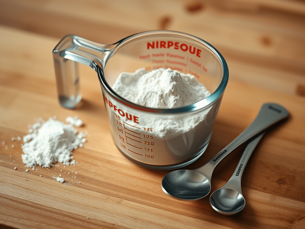 Visual representation of how many tablespoons in 1/3 cup using flour and measuring tools