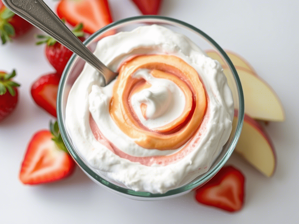 Fluffy marshmallow fruit dip with spoon, accompanied by strawberries and apple slices.