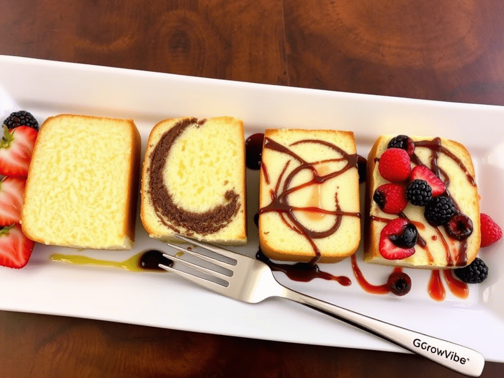 Cream cheese pound cake slices in lemon, chocolate, berry, and classic variations