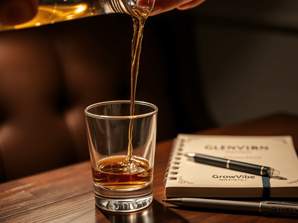 Smooth whiskey being poured into a Glencairn glass with tasting notes nearby