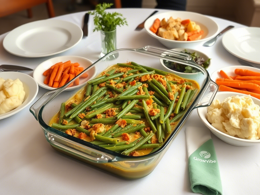 “Dinner table with mannacote green bean casserole as centerpiece, surrounded by comforting side dishes.”