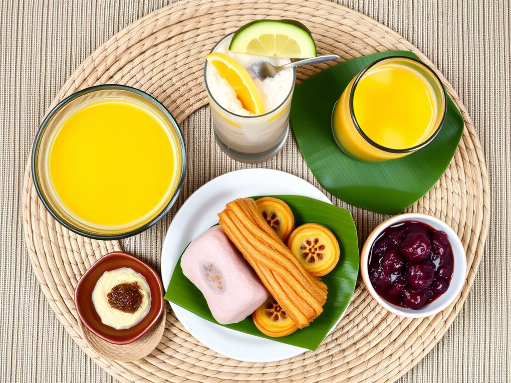 A vibrant spread of traditional Filipino desserts including leche flan, halo-halo, and ube halaya served in native bowls.