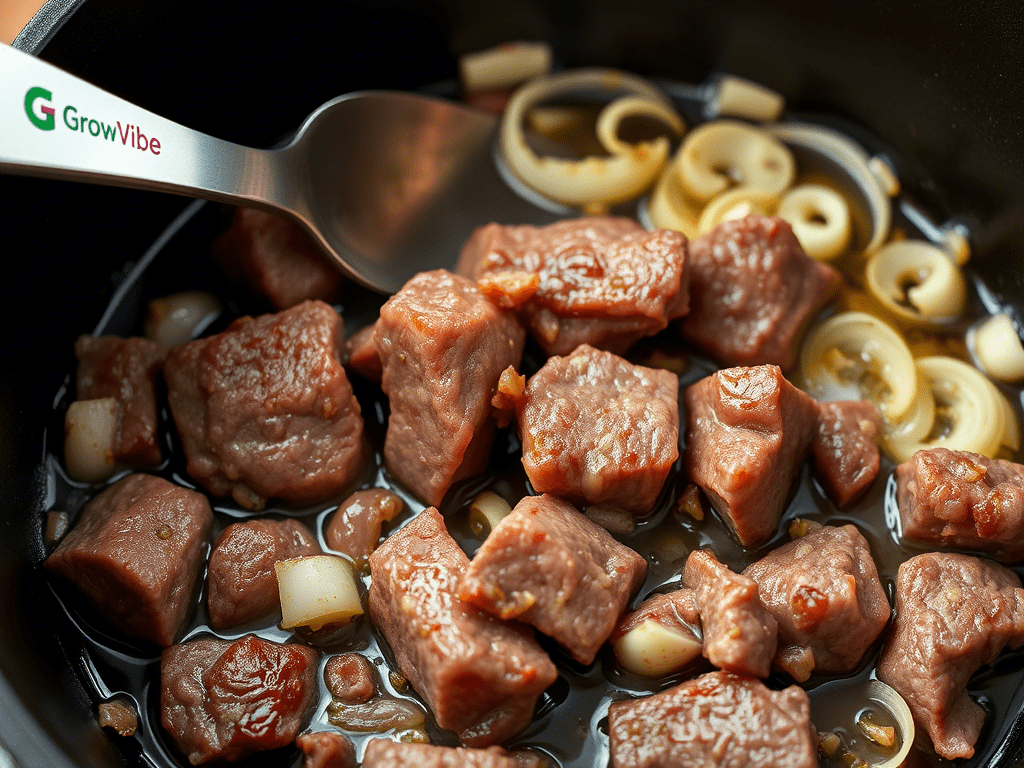 Browning beef for carne en su jugo in a Dutch oven with bacon fat and aromatics.