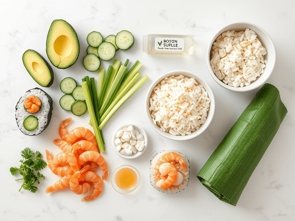 Ingredients for Boston roll sushi including shrimp, avocado, cucumber, nori, and sushi rice arranged on a kitchen surface.