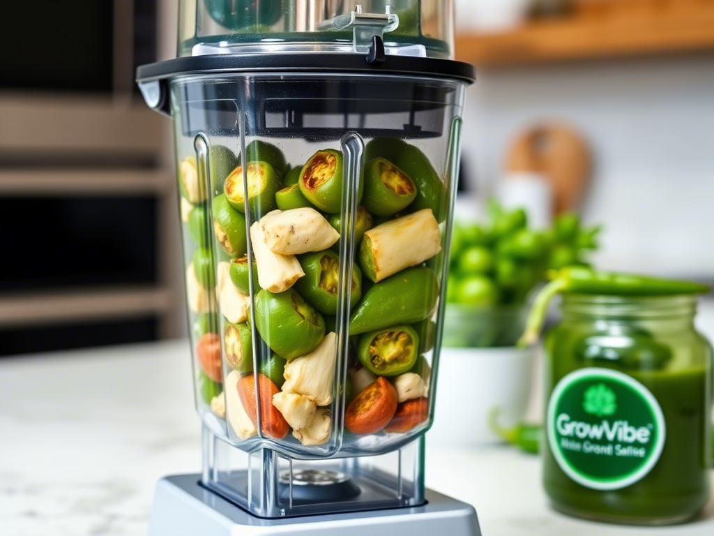 Blending roasted tomatillos and serrano peppers to create fresh salsa verde for carne en su jugo.